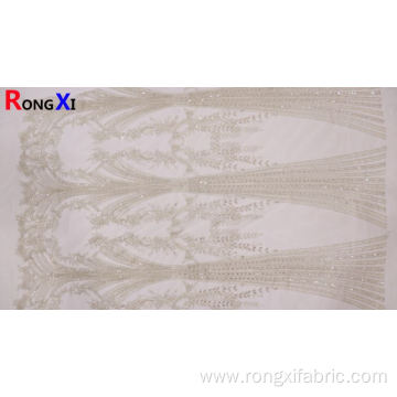 Professional Grid Pattern Beads White Embroidery Fabric